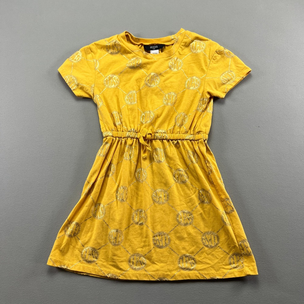 Guess A Line Dress Kids 5 Yellow Gold Detail Cotton Stretch Cinched Bow Waist